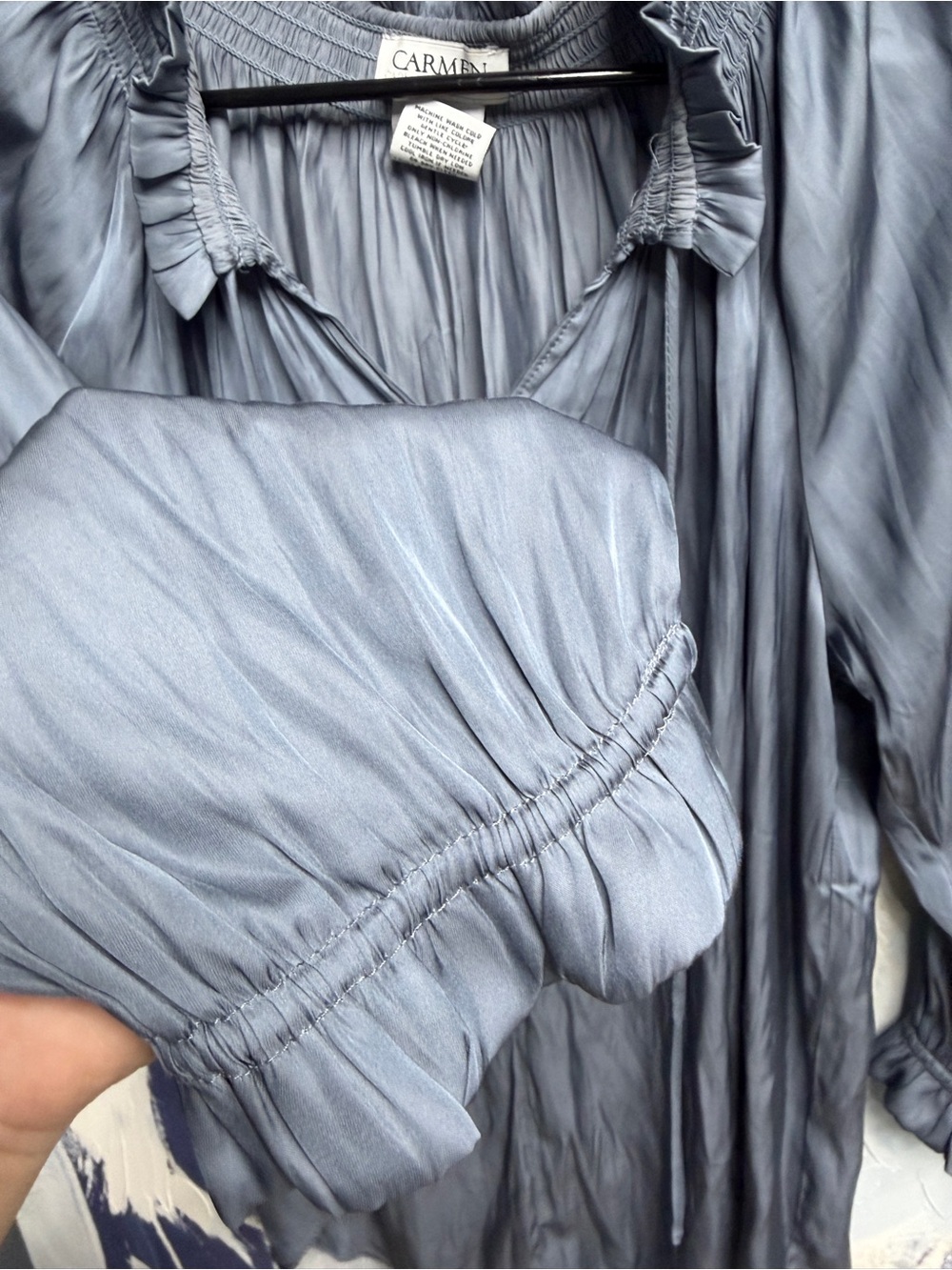 Carmen Marc Valvo Slate Blue Satin Blouse Ruffle Smocked V Neck Long Sleeve M - Picture 2 of 9